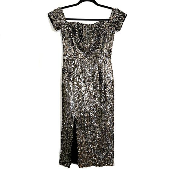 NWT Dress The Population Jen Sequin Off The Shoulder Side Slit Midi Dress SMALL - Picture 3 of 9